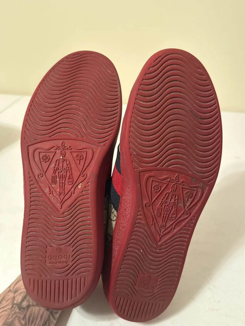 Gucci Beige GG Supreme Sneaker with Red Sole and Navy-Red Web